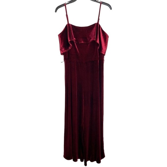 Avec Les Filles Sz 10 Cropped Velvet Jumpsuit Wine Red Boho Cocktail Ruffles - Picture 1 of 4